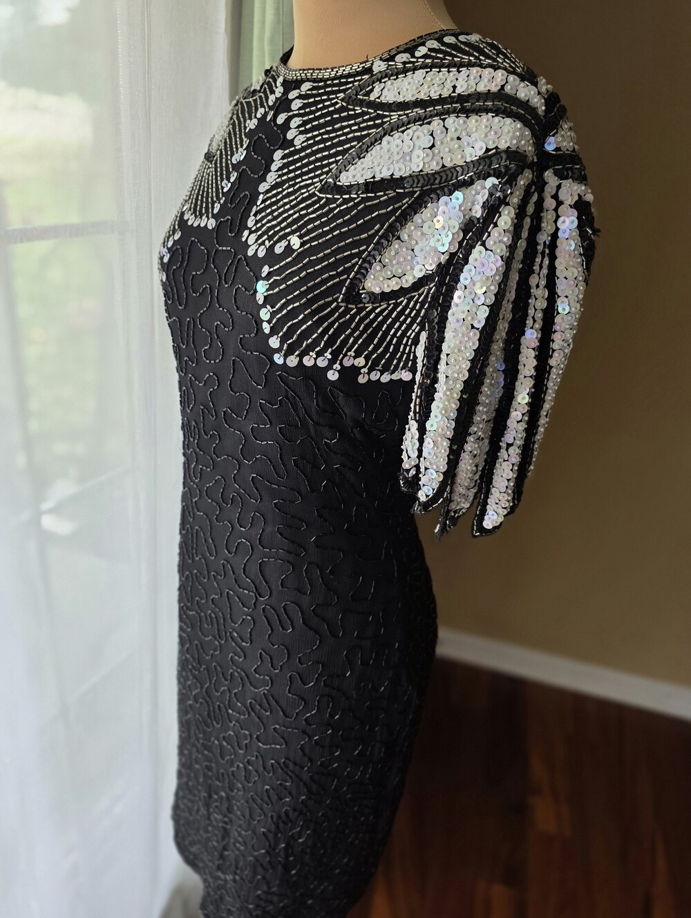 Scala Vintage 80s Beaded Silk Dress M Black White Sequin Cocktail Whimsygoth Mid